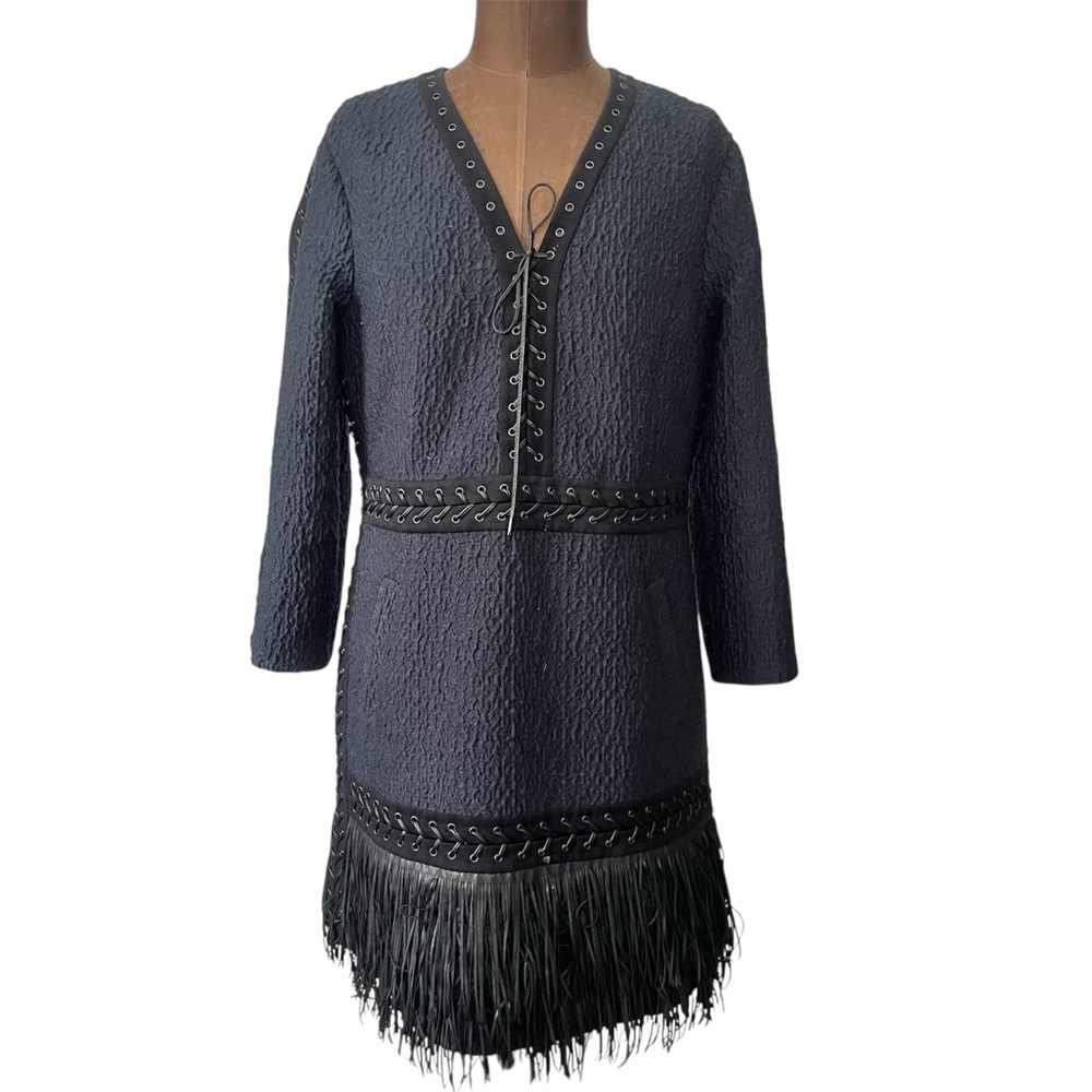 BCBGMAXAZRIA Runway blue Dress with Fringe Detail size large